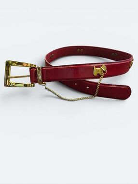 Vintage English Saddle Cow hide Red Leather Belt Gold Scottie Dog Chain Accent